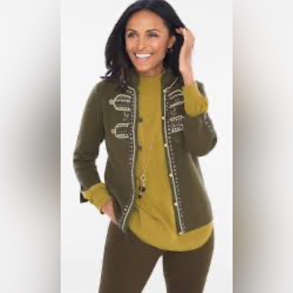 CHICOS MILITARY EMBELLISHED SWEATER JACKET CARDIGAN OLIVE L (12)